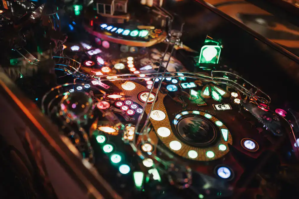 Modern pinball machine with bright LED lighting and LCD screen